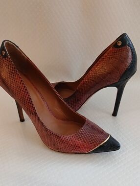 Rachel Roy Women's Red and Black Snake-Print Pointed Toe Heels with Black Cap